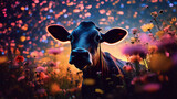 Fototapeta Dziecięca - A cow standing in a field of flowers