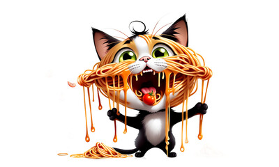 Wall Mural - Cute Kitten Eating Spaghetti with a Surprised Face (PNG 12000x7200)