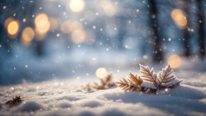 Poster - Magical winter background with snow and soft light with bokeh background