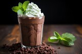 A refreshing close-up of an iced mint cocoa drink garnished with fresh mint leaves, topped with whipped cream and chocolate shavings