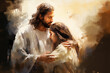 Religious Christian art depicting Jesus Christ hugging a girl - artistic painting style
