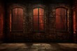 Backdrop of a brick wall with window and door facing outwards. Generative AI.