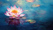 Soft Pink Water Lily Lotus Flower Blooming, Deep Blue Water Ripples, Lily Pad Leaves Floating, Sunset Golden Hour Hues, Sacred Tranquil Nature's Beauty.