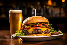Huge Restaurant Burger Hamburger Cheeseburger On Plate Board With Fresh Beer Glass Generative AI Picture