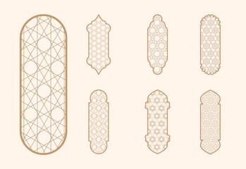 Islamic window shape with mashrabiya pattern. Arabic door frame. Islamic arhitecture elements of window and door and mashrabiya pattern.