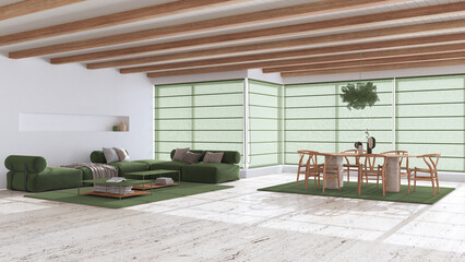 Wall Mural - Minimal modern wooden living and dining room with sofa and table in white and green tones. Limestone marble floor and beams ceiling. Japandi interior design