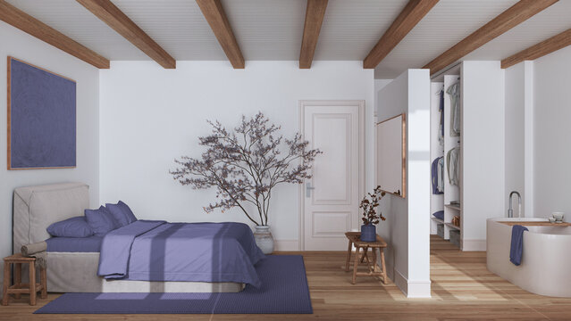 Scandinavian nordic wooden bedroom and bathroom in white and purple tones. Double bed and bathtub, walk in closet. Parquet and beams ceiling. Minimal interior design