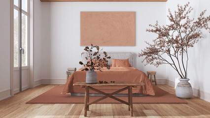 Wall Mural - Wooden bedroom with double bed and decors. Nordic apartment with parquet floor and beams ceiling in white and orange tones. Scandinavian interior design