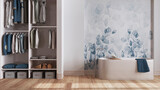 Fototapeta Panele - Minimalist nordic wooden bathroom with walk-in closet in white and blue tones. Freestanding bathtub, wallpaper and decors. Scandinavian interior design