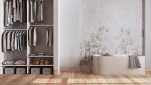 Minimalist nordic wooden bathroom with walk-in closet in white and beige tones. Freestanding bathtub, wallpaper and decors. Scandinavian interior design