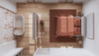 Scandinavian nordic wooden bedroom and bathroom in white and orange tones. Double bed and bathtub, walk in closet. Top view, plan, above. Minimal interior design