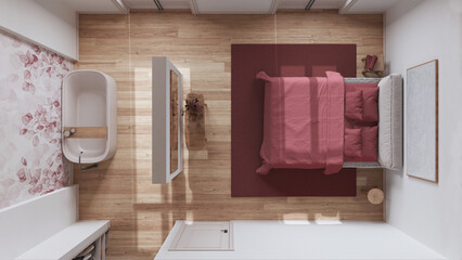 Wall Mural - Scandinavian nordic wooden bedroom and bathroom in white and red tones. Double bed and bathtub, walk in closet. Top view, plan, above. Minimal interior design