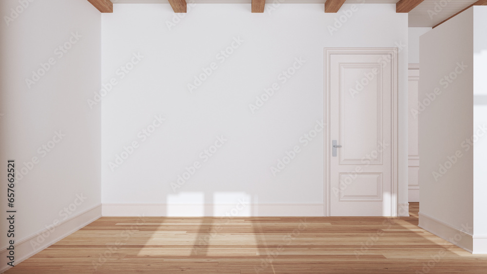 Wooden empty room interior design, open space with parquet floor, beams ...