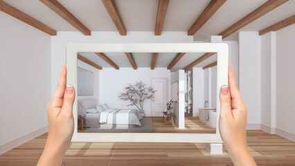 Wall Mural - augmented reality concept. hand holding tablet with ar application used to simulate furniture and de