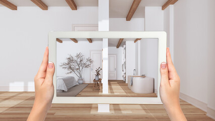 Wall Mural - augmented reality concept. hand holding tablet with ar application used to simulate furniture and de