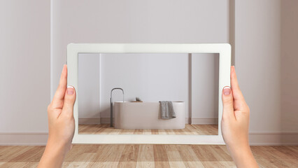 Wall Mural - augmented reality concept. hand holding tablet with ar application used to simulate furniture and de