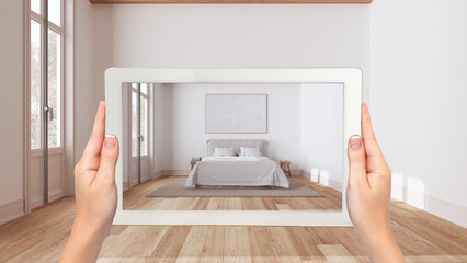 Wall Mural - augmented reality concept. hand holding tablet with ar application used to simulate furniture and de