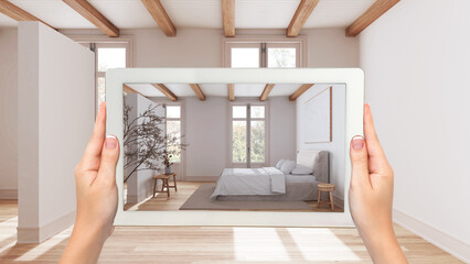 Wall Mural - augmented reality concept. hand holding tablet with ar application used to simulate furniture and de
