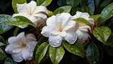 Gardenia flowers after the rain. The image fills the whole frame.