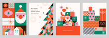 Christmas Cards In Modern Minimalist Geometric Style. Colorful Illustration In Flat Cartoon Style. Xmas Backgrounds With Geometrical Patterns, Stars And Abstract Elements