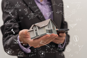Poster - Real estate agent holding a model house on a blue background.