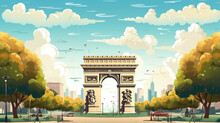 Flat Vector Illustration, Simple Colors, Arc De Triomph In Paris. Simple Vector Illustration Of The Arc De Triumph In The Capital City Of France. Symbol Of Paris. French Monument.