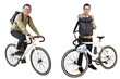 © muse studio - Male cyclist uses bicycle and backpack, fast courier delivery. Ecotransport for the city bike.  Transparent isolated background.