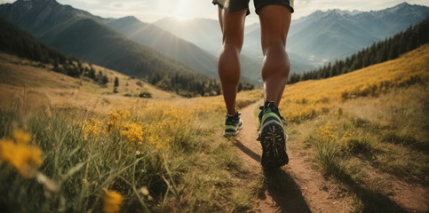 legs of athlete running in the mountain on a beautiful sunny day- Runner training in the mountain - Fitness lifestyle, sport and healthy concept, unrecognizable person