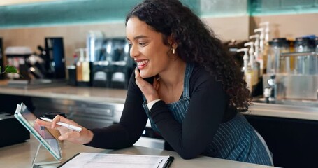 Poster - Cafe, phone call of barista and woman on tablet, typing and conversation. Coffee shop, tech and happy waiter on smartphone for writing list, order delivery and customer service at table in restaurant