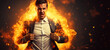 Business man standing in fire, a strong hero masters every challenge - with copy space