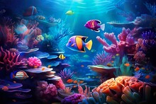 Underwater Landscape With A Bright Yellow-violet Fish In The Center, A Blue Ocean World With Many Colorful Fish, Corals, Jellyfish, 3D, Realistic, Cartoon