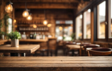 Poster - Empty wooden table with blur rustic bar restaurant cafe background
