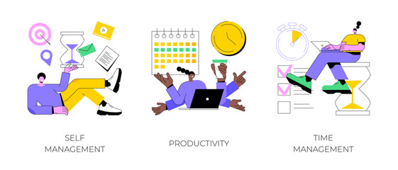 Poster - employee performance and self-organization abstract concept vector illustration set. self and time m