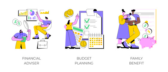 Poster - Money management abstract concept vector illustration set. Financial adviser, budget planning, family benefit, investment, financial plan, tax strategy, piggy bank, child payment abstract metaphor.