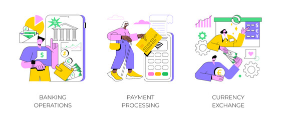 Poster - financial services abstract concept vector illustration set. banking operations, payment processing,