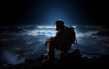 Wall Mural - spaceman or astronaut sitting on the moon.