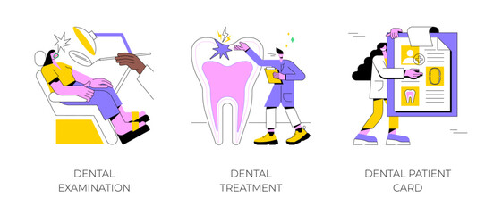 Wall Mural - Dental care service abstract concept vector illustration set. Dental examination and treatment, patient card, oral test, dentist chair, toothache emergency help, orthodontic abstract metaphor.