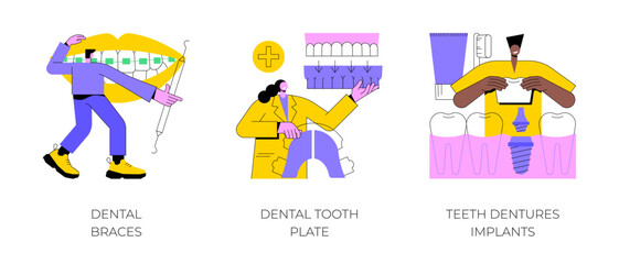 Poster - orthodontic care procedure abstract concept vector illustration set. dental braces and tooth plate, 