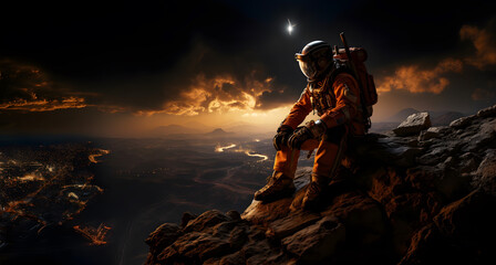 Wall Mural - spaceman or astronaut sitting on the moon.