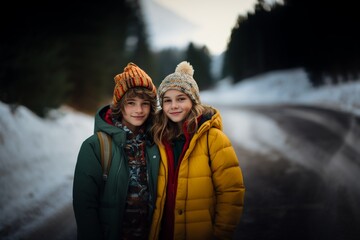 Wall Mural - Two teenagers in warm winter clothes posing to the camera standing in snowy landscape. Winter fashion for youth concept. Generative AI