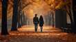 A couple in love walks in the autumn park