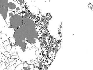 greyscale vector city map of tacloban in the philippines with with water, fields and parks, and road