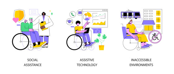 Poster - help for disabled person abstract concept vector illustration set. social assistance, assistive tech