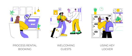 Poster - Vacation rentals isolated cartoon vector illustrations set. Woman processing online booking, smiling host welcoming guests, customer using key locker, self check-in, hospitality vector cartoon.