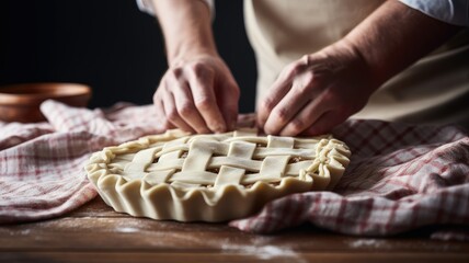 Wall Mural - preparation of a holiday pie. the simple, clean ingredients and the hands of the baker gently crimping the crust, to emphasize the minimalist aesthetic.