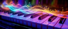 Musical Notes In Sound Waves With Neon Colors On A Piano Musical Instrument