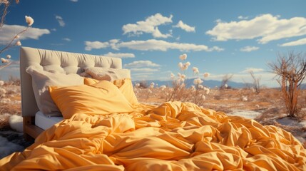 Wall Mural - Photorealistic yellow bed flying over a blue sky