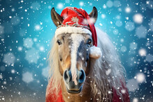 Portrait Of A Horse In A Red Santa Claus Hat And Coat On A Snowfall Background.