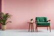 © SEUNGJIN - interior design of pink room with green armchair, rug and side table. generative ai.