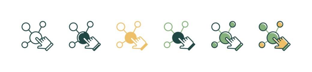 Poster - network business connection online community circle icon with hand pointer clicking center group link vector. Communication hub global social distribution symbol illustration